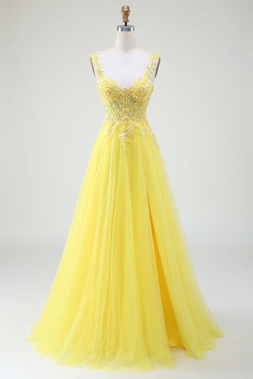 Abito da ballo bustier in tulle con spacco e perline giallo